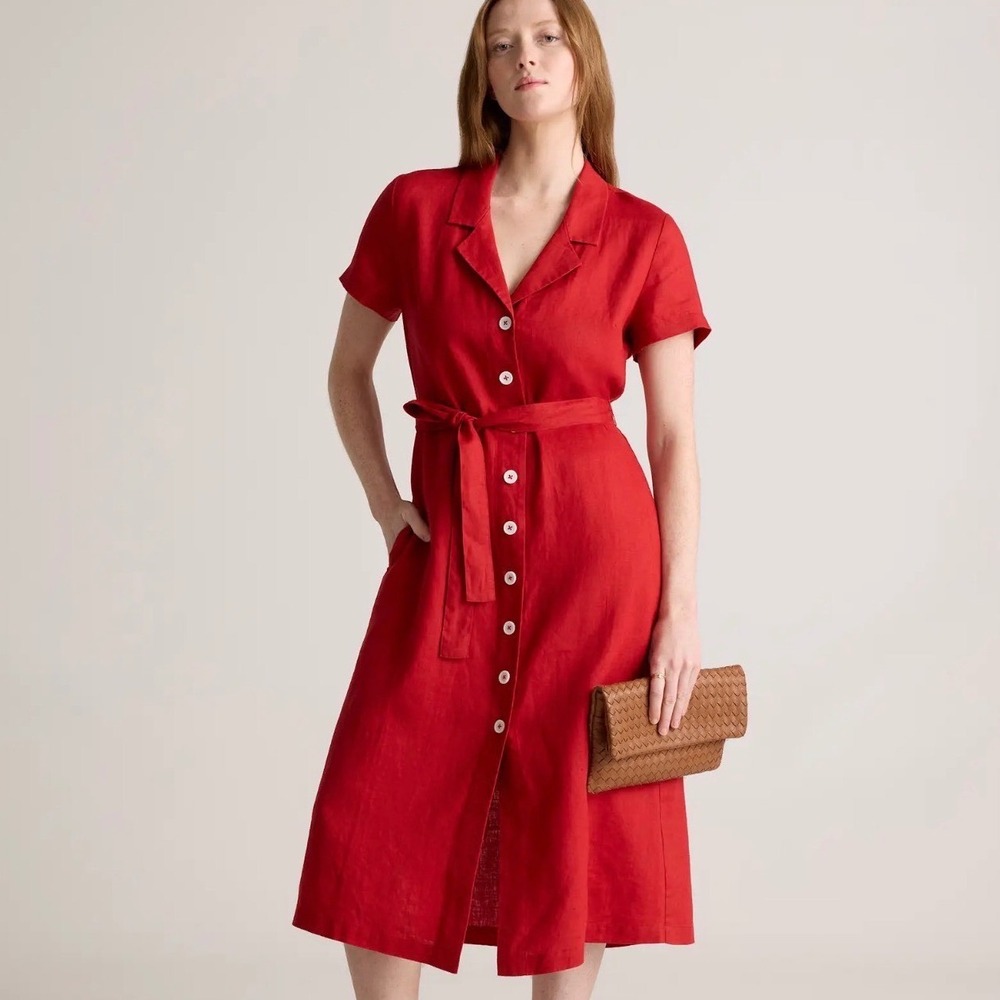 Quince 100% European Linen Button Front Midi Dress Chile Red L NWT